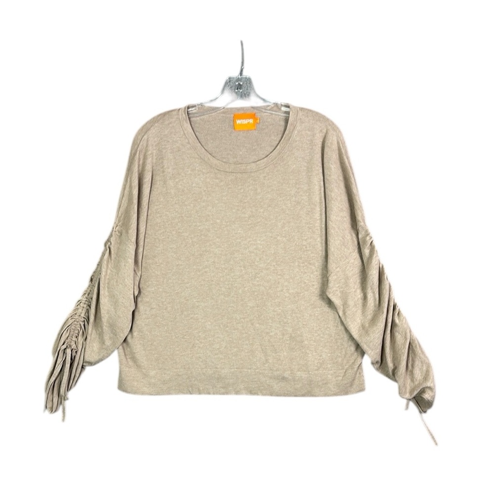 Women's Tan Sweater with Ruched Sleeves Lightweight Cotton Silk Blend